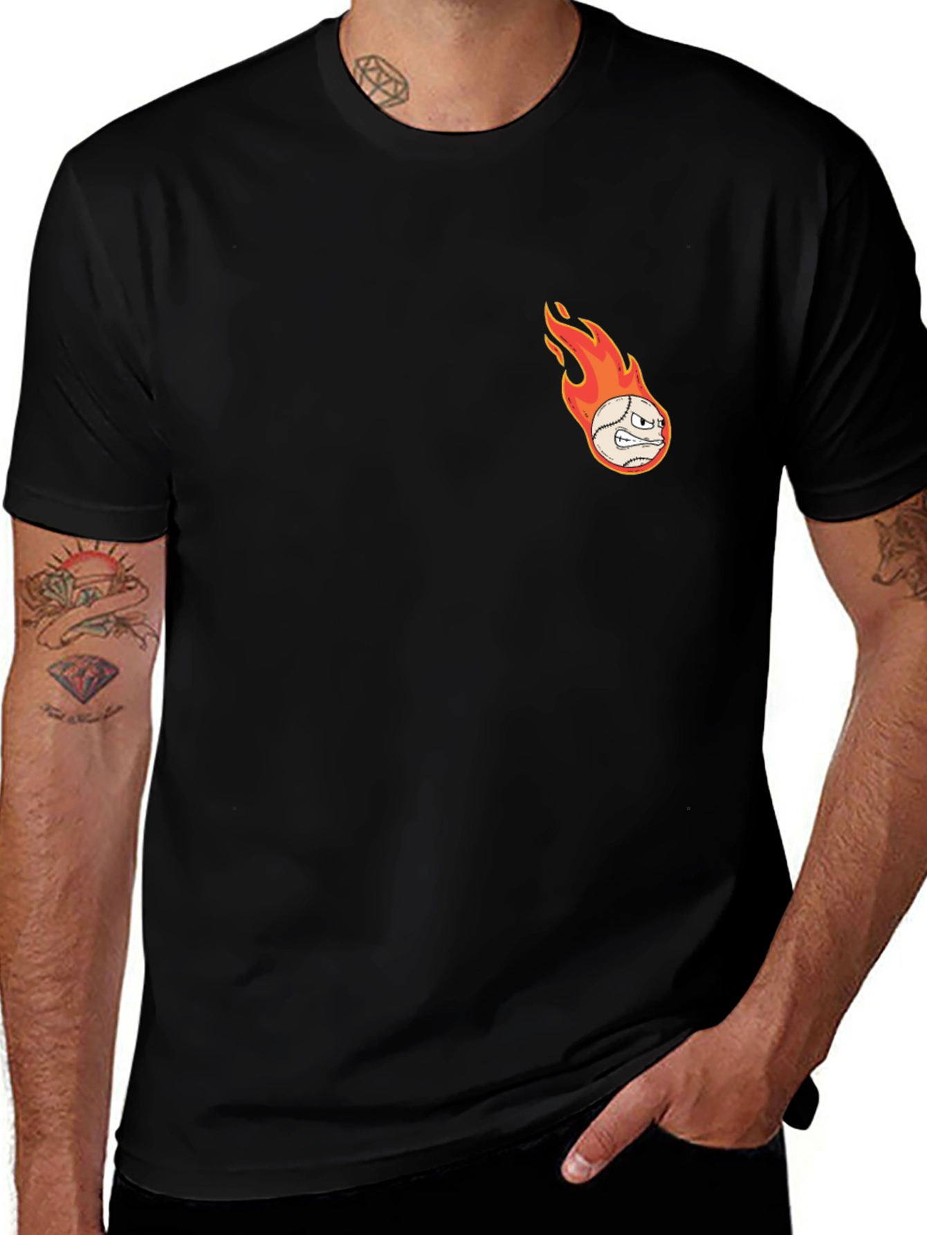 Flaming Baseball Graphic T-Shirt - Black