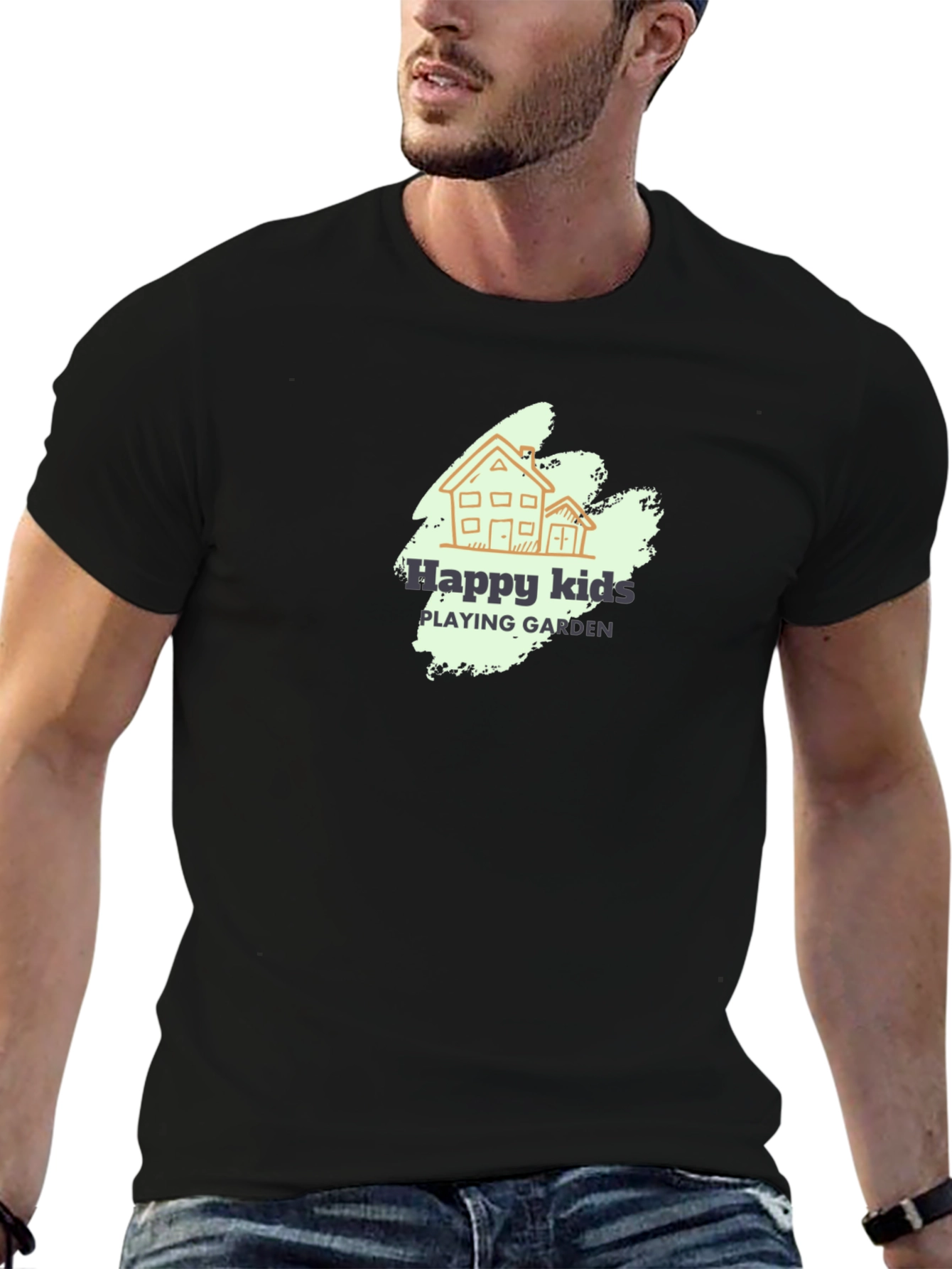 Happy Kids Playing Garden Black T-Shirt