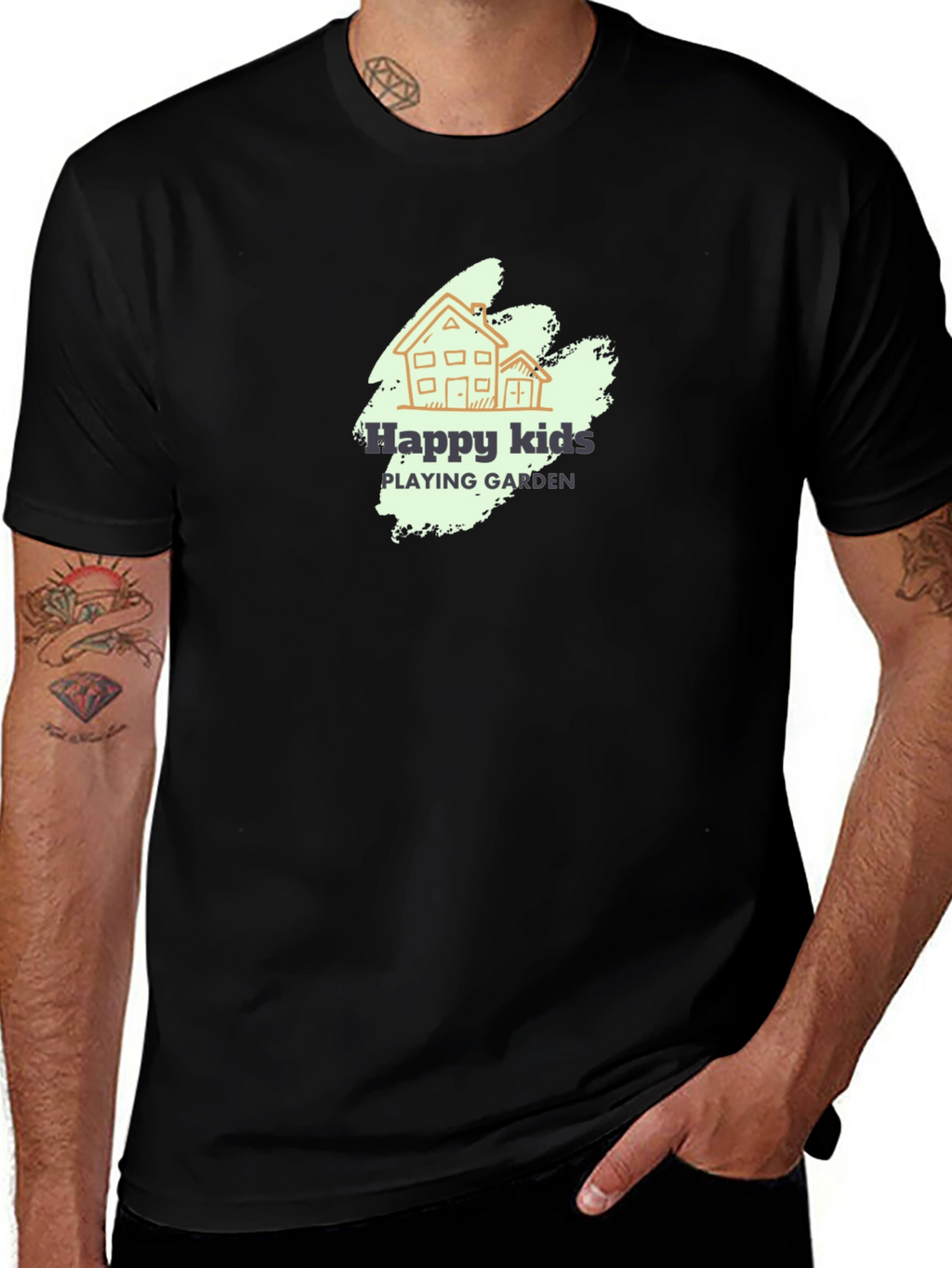 Happy Kids Playing Garden Black T-Shirt