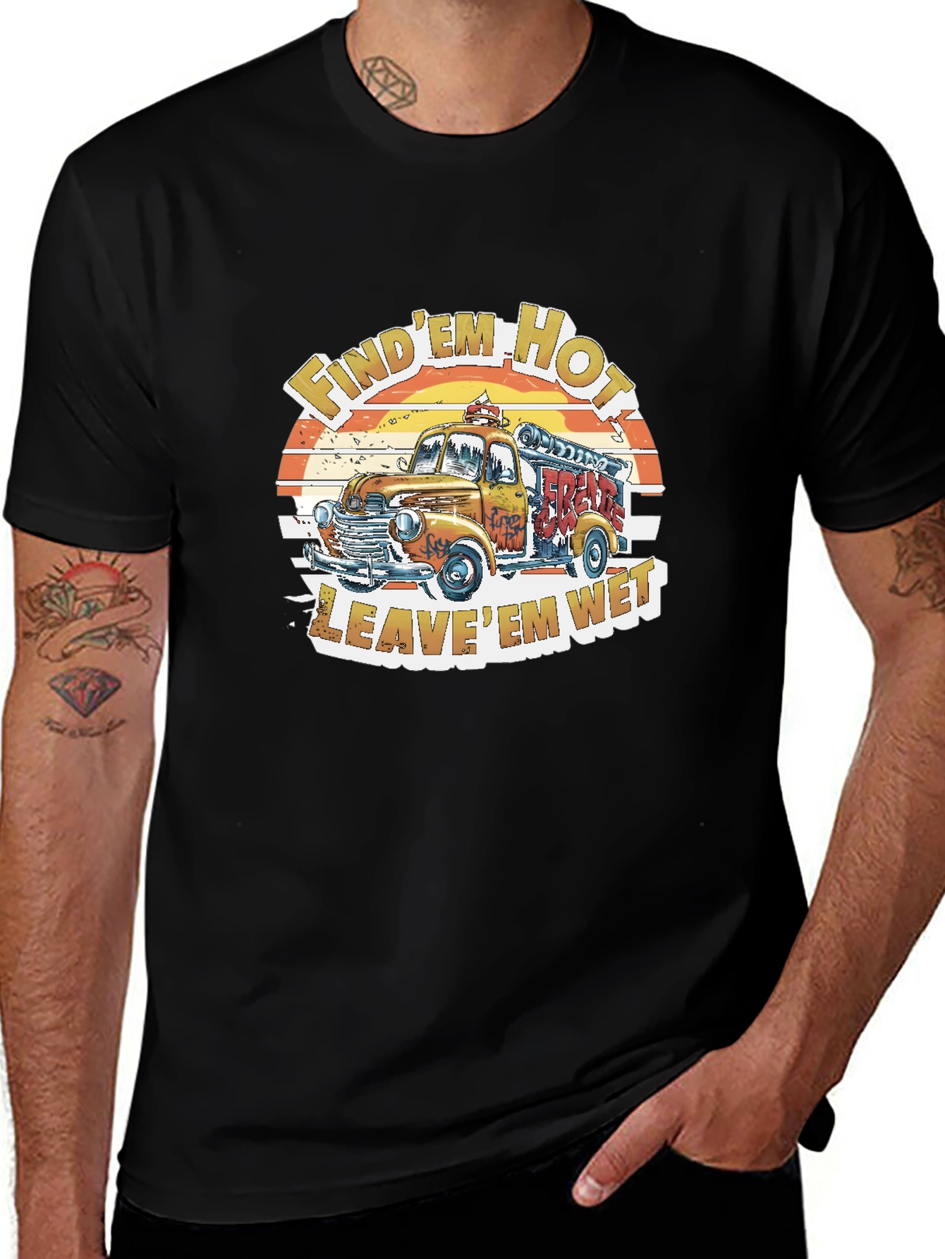 Vintage Fire Truck Graphic Tee - Find Em Hot Leave Em Wet
