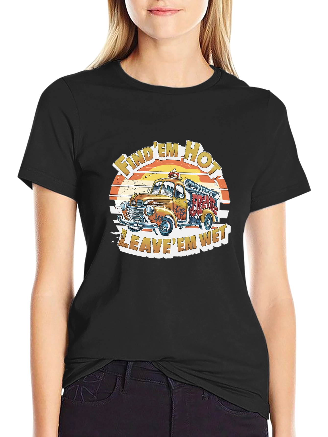 Vintage Fire Truck Graphic Tee - Find Em Hot Leave Em Wet