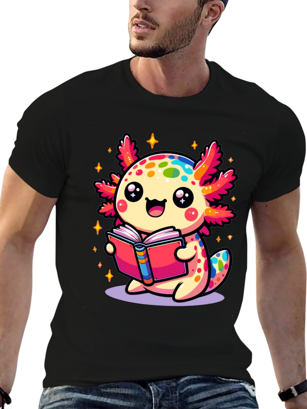 Cute Axolotl Reading Book Black T-Shirt