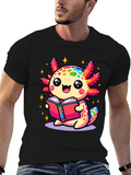 Cute Axolotl Reading Book Black T-Shirt